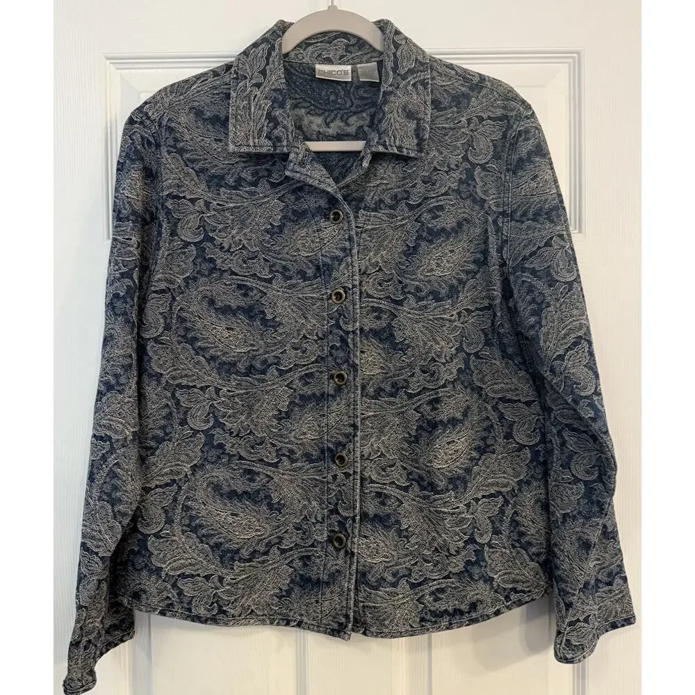 Chicos Denim Jacket Sz 2 (LG 12) Paisley Brocade Casual Lightweight‎ 100% Cotton